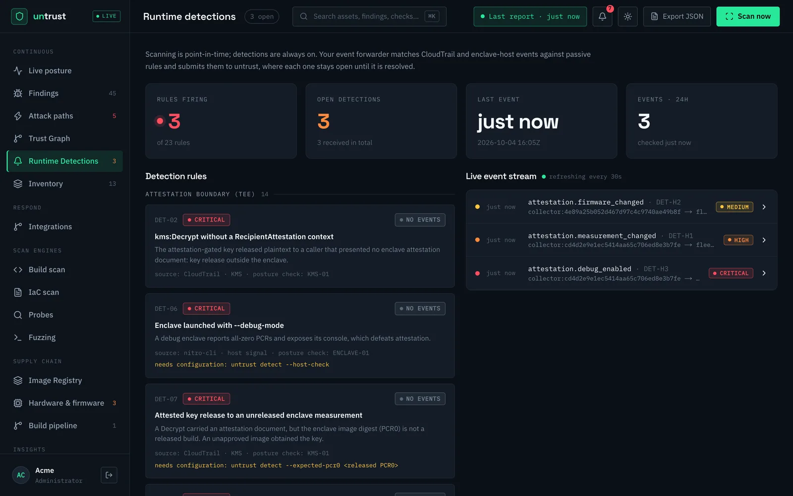 Runtime detections view: detection rules and a live event stream of attestation changes.