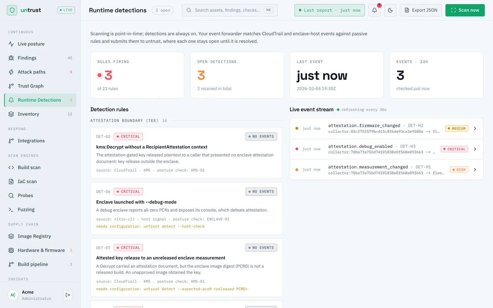 Runtime detections view: detection rules and a live event stream of attestation changes.